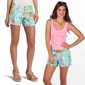 LILLY PULITZER Cotton Sailboat Print‎ Mid Rise Colorful Nautical Adie Shorts 4